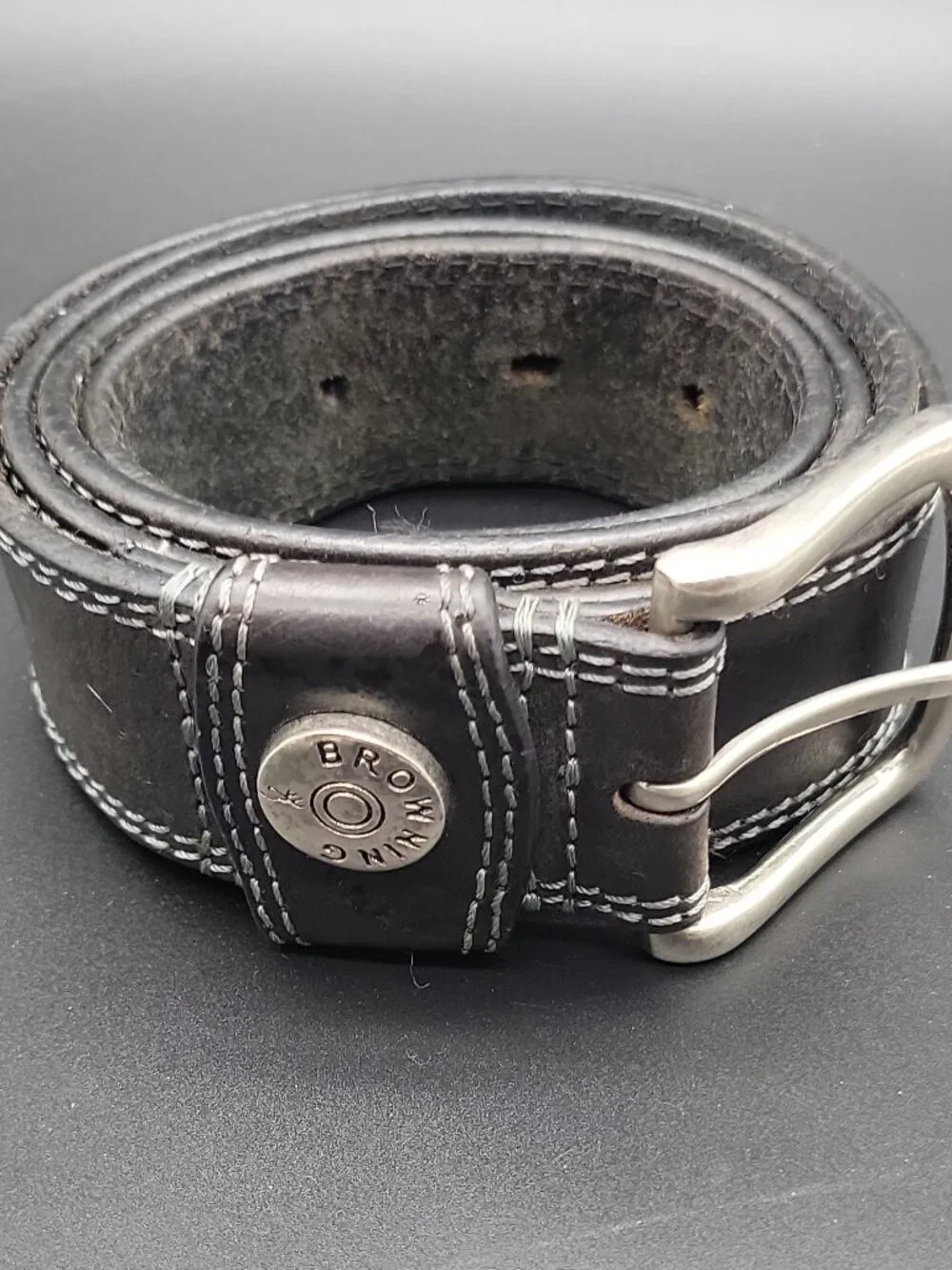 Browning Men's Black Leather Belt Adjustable Logo Silver Tone Buckle 45 1.5